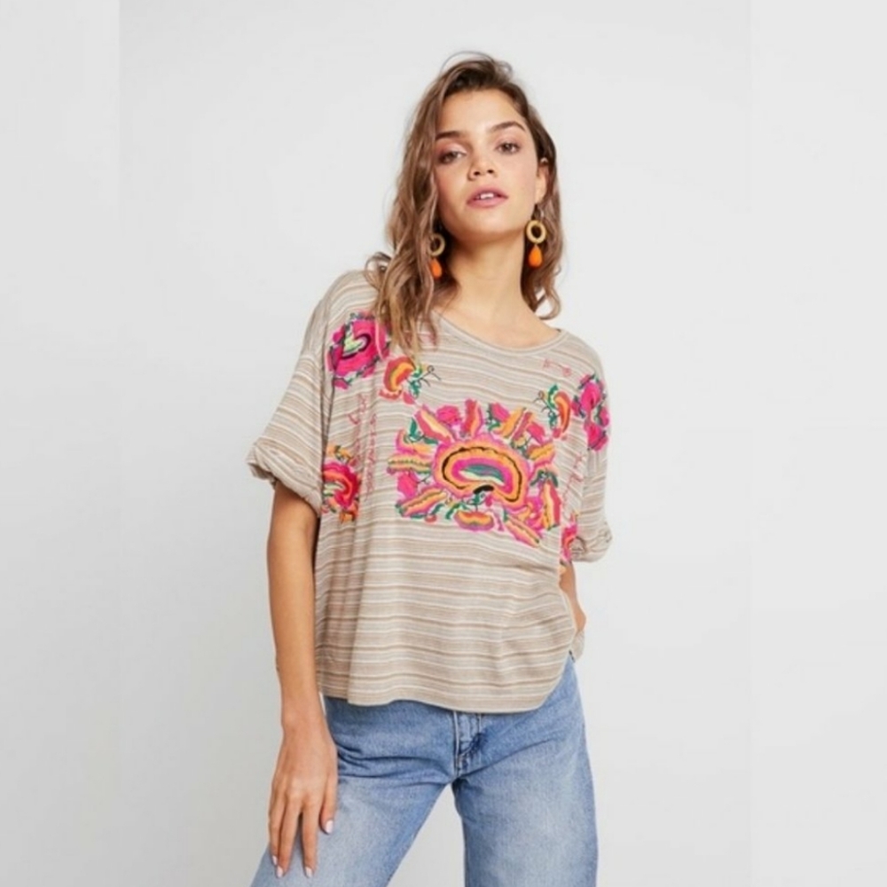 Free People Catalunya Embroidered Oversized Cropped Top in Mushroom Combo Size L - Picture 16 of 16